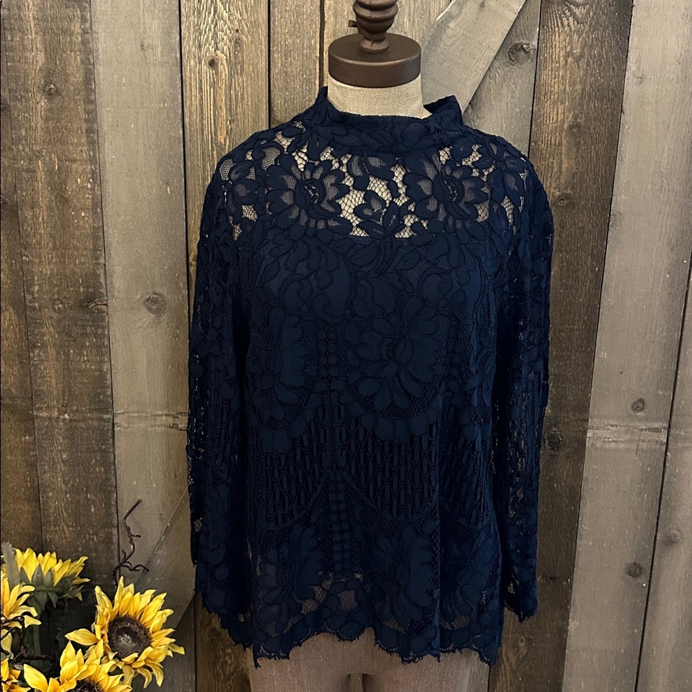 Evereve Allison Joy Navy Blue Lace Mock Neck Sheer Blouse Top Large Party